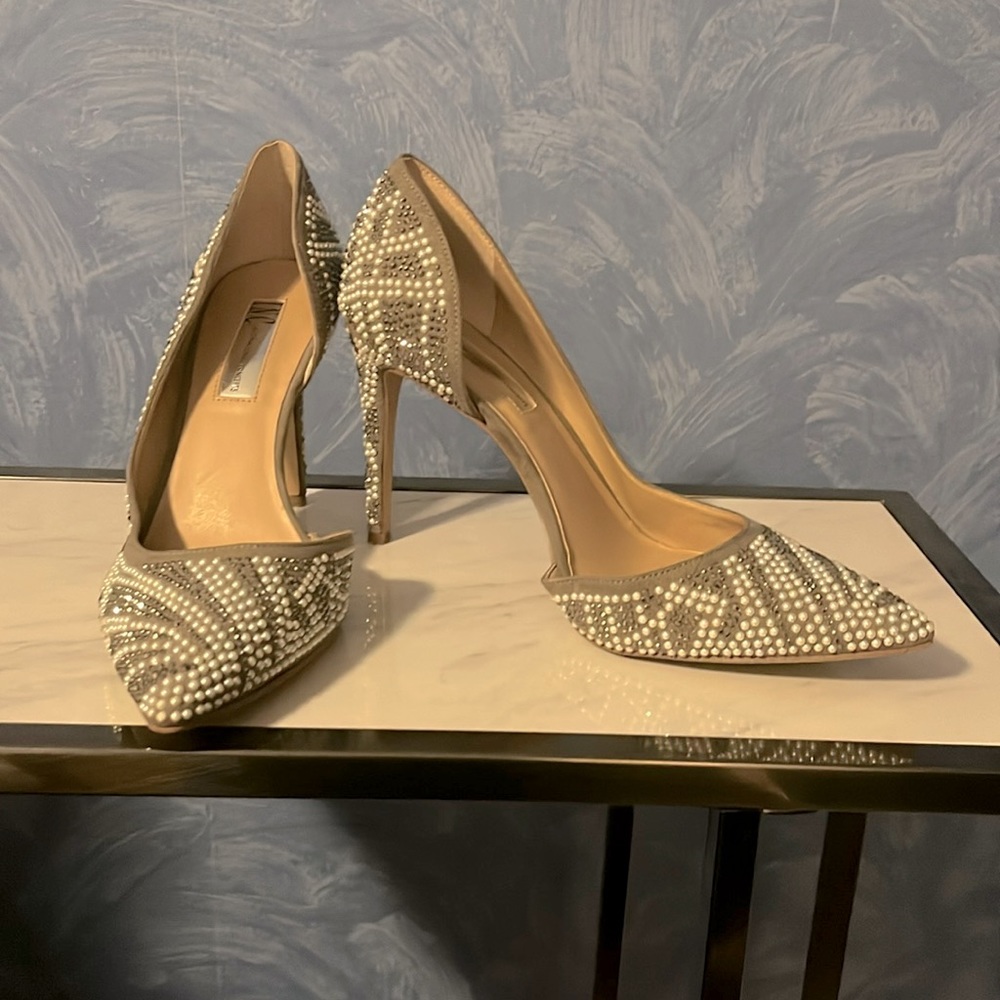 Beige and White closed toes sequin heels from INC . size 7.5
